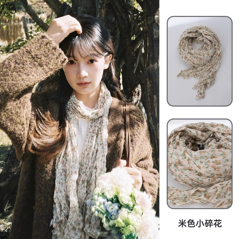 女性用レトロコットンとリネンスカーフ、春と夏、薄い、芸術的なブラウン、ヴィンテージ、プリーツ、日焼け止め、ストリップシルクスカーフ、ネック周りの雰囲気|undefined