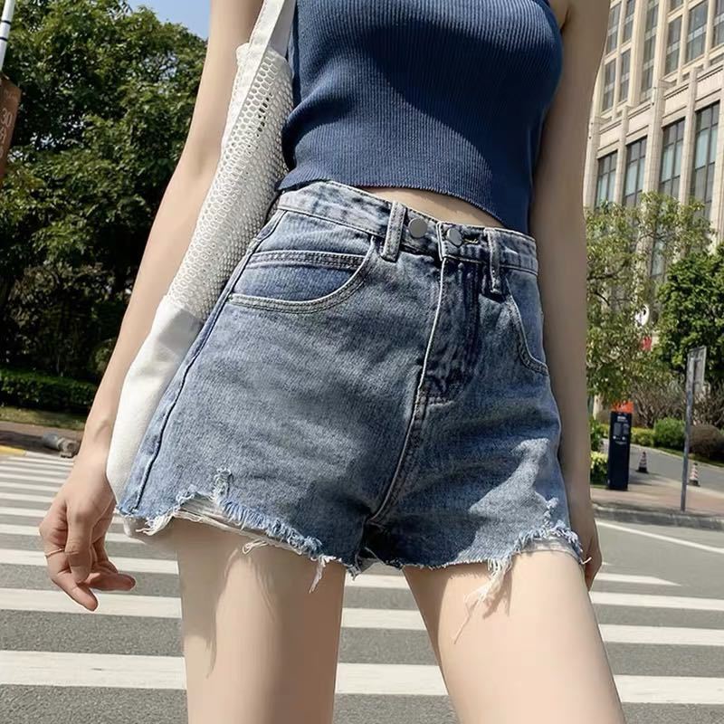 Vintage Denim Shorts for Women, Summer 2022 New High-Waisted Slimming Ripped A-Line Internet Celebrity Hot Pants with Unique Design