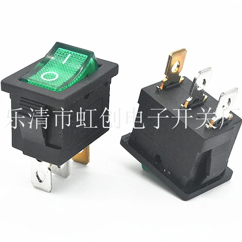 KCD1 15*21mm 3脚2档 绿色带灯翘板开关 6A 250VAC 电源开关