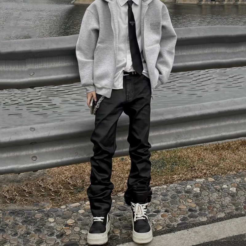 American High Street Loose Straight Coated Black Jeans Men's Vibe Micro-Flared Waxed Casual Long Pants