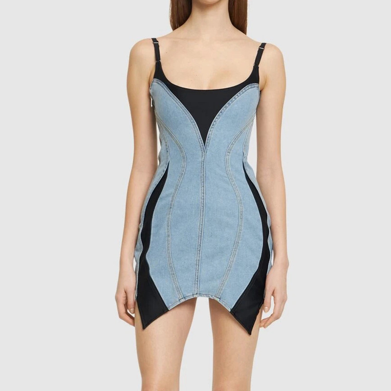 Nanyou Classy Women's European Style Muller's Same Style Adjustable Shoulder Strap Splicing Design Asymmetrical Hem Suspender Dress