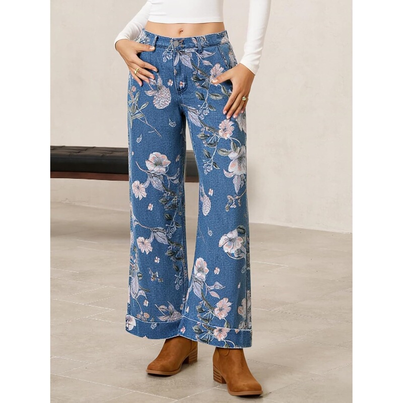 Y2K Women's Floral Loose Wide-Leg Jeans Casual High-Waisted Boyfriend Retro Bohemian Faux Denim Pants Y2K Women's Floral Loose Wide-Leg Jeans Casual High-Waisted Boyfriend Retro Bohemian Faux Denim Pants