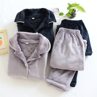 Coral Velvet Couple Pajamas Women's Winter Thickened fleece-lined Home Clothes Long Sleeve Solid Color Men's Warm Flannel suit