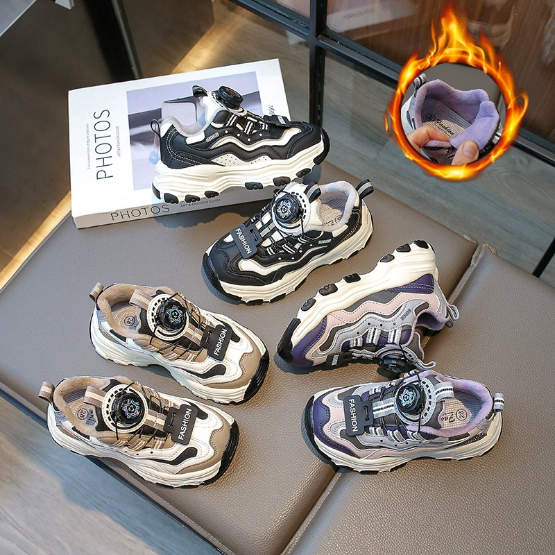 Детские кроссовки на флисовой подкладке 2023 года, осенне-зимние, с пряжкой, для детей постарше, в стиле «dad shoes», с нескользящей мягкой подошвой, на флисовой подкладке для тепла