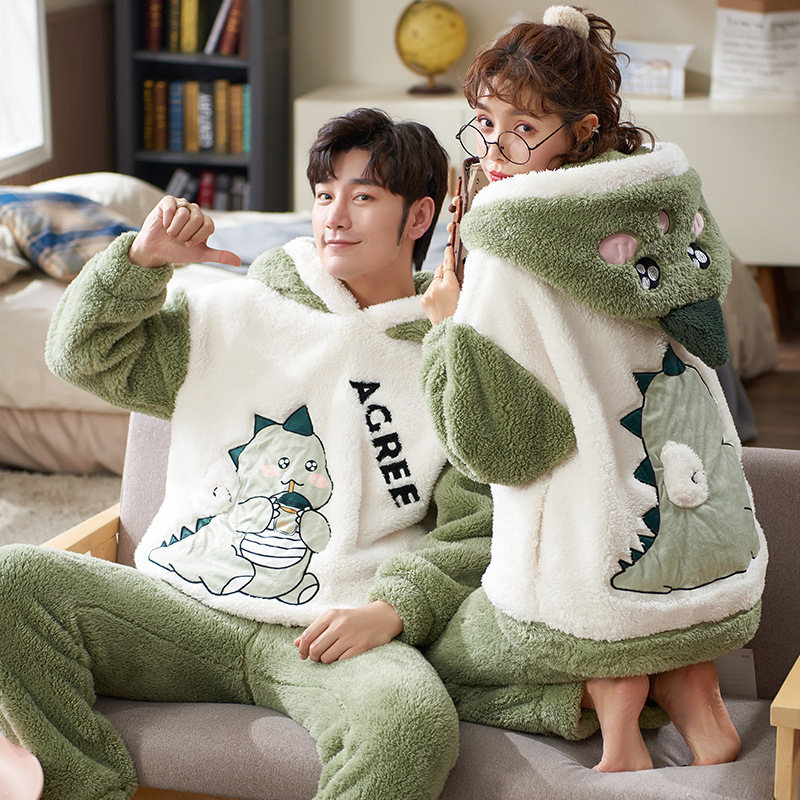 Lu Shi Couple Pajamas Women's Winter Thickened Coral Velvet Cute Dinosaur Autumn and Winter Men's Flannel Pajamas