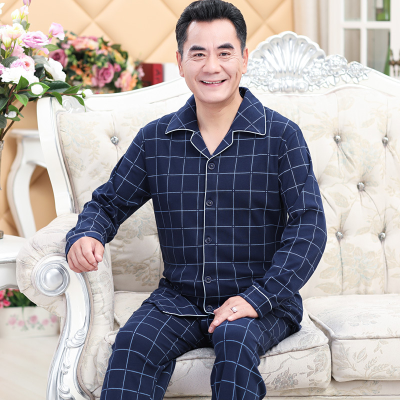 Pijama de mediana edad y ancianos primavera y otoño de los hombres 100% algodón de manga larga hogar ^ más el tamaño de mediana edad papá traje de dos piezas