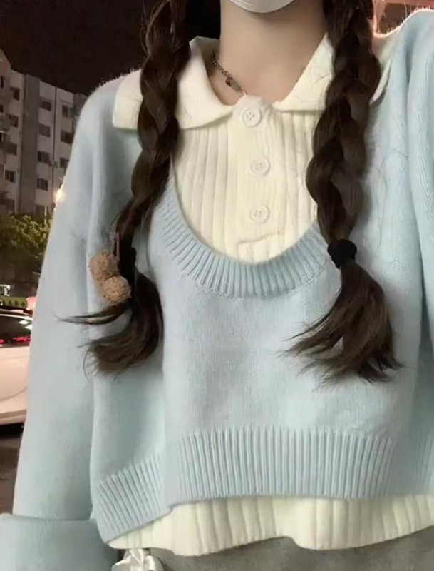 学院风短款韩系毛衣秋高腰两件套针织衫polo领上衣新款女装套装|undefined