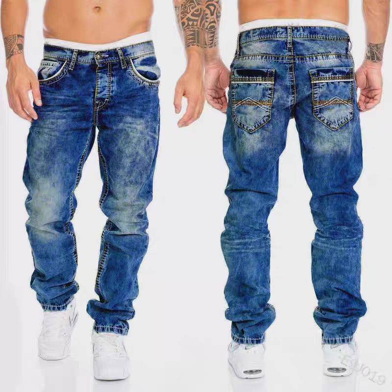 Men's Casual Distressed Straight Leg Jeans Trendy Hip Hop Pocket Trousers European American Style mid Waist Long Non-Stretch_mkmklike.com