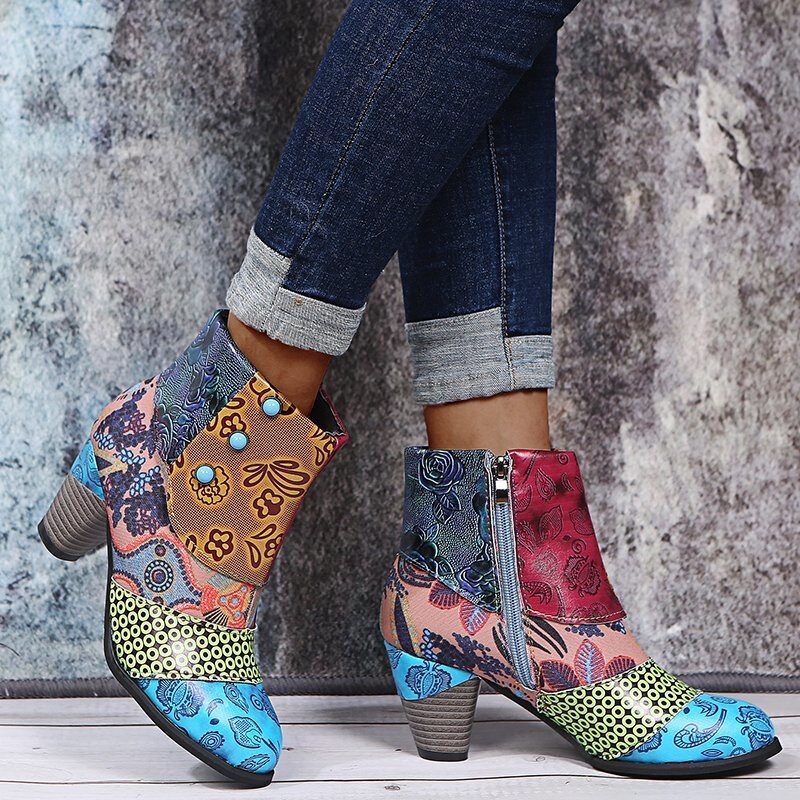 Independent Brand Large Size Chunky Heel Ethnic Style Patchwork Women's Short Boots, New Autumn and Winter Pointed Toe Martin Boots Wholesale Independent Brand Large Size Chunky Heel Ethnic Style Patchwork Women's Short Boots, New Autumn and Winter Pointed Toe Martin Boots Wholesale