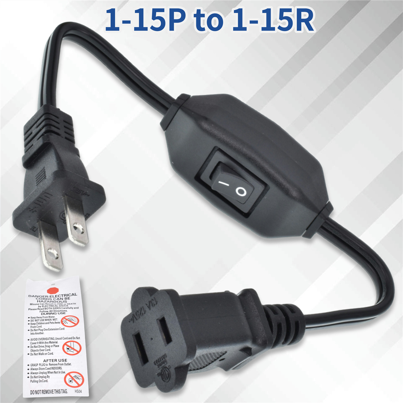 美标极性公对母电源线带独立开关美规延长线1-15P to 1-15R转换线