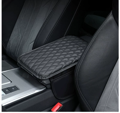 Cross-border car armrest box heightening pad with side pocket storage, car armrest elbow support, car armrest box leather protective cover (Armrest box pad) - black-thin-side-pocket