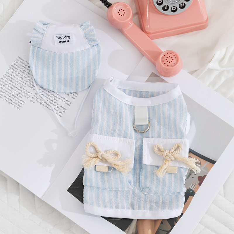 Primavera y verano simple rayas trenzadas arco chaleco sombrero conjunto de perros pequeños y medianos gatos Teddy ropa de mascotas