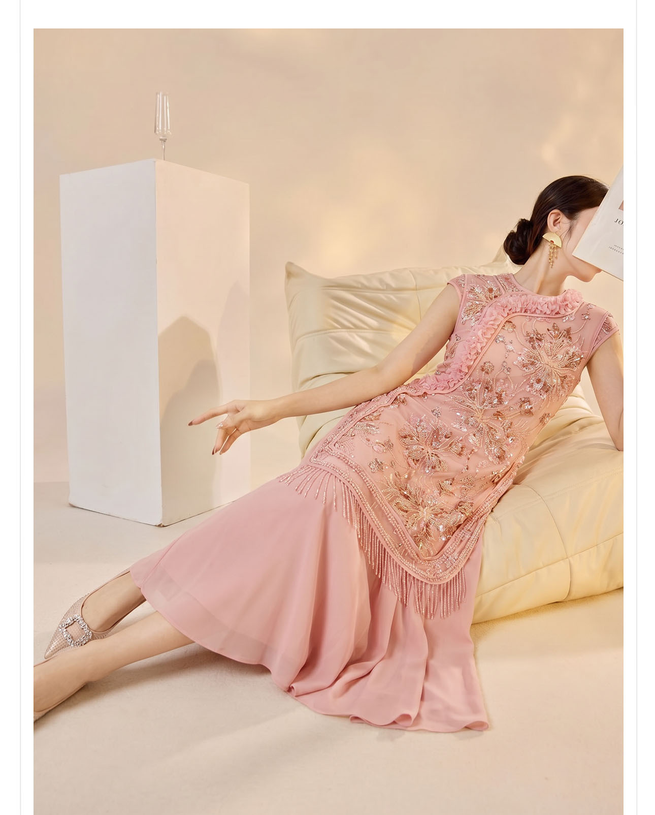 Đầm maxi nữ thêu hoa cao cấp kiểu mới — màu hồng chi tiết 2