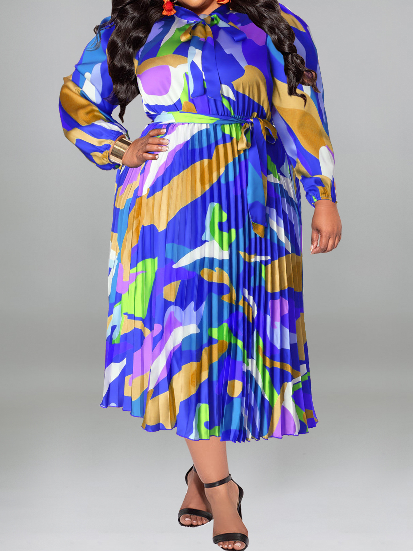 Damen Plus Size Plissee Kleid Mit Kragen Und Langen Ärmeln_voghion.com
