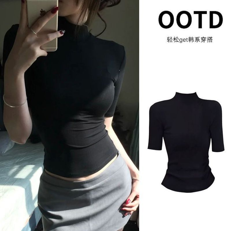 2026 New Spring Top with Half-High Collar, Regular Shoulder, Mid-Sleeve, Slim Fit, Base Layer, Five-Quarter Sleeve, Tight-Fitting Inner Wear for Women