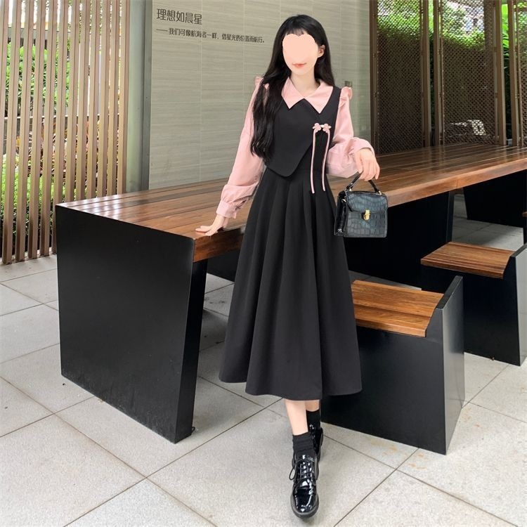 大码法式两件女装秋冬新款甜美拼接连衣裙mm200斤遮肚显气质裙子|undefined