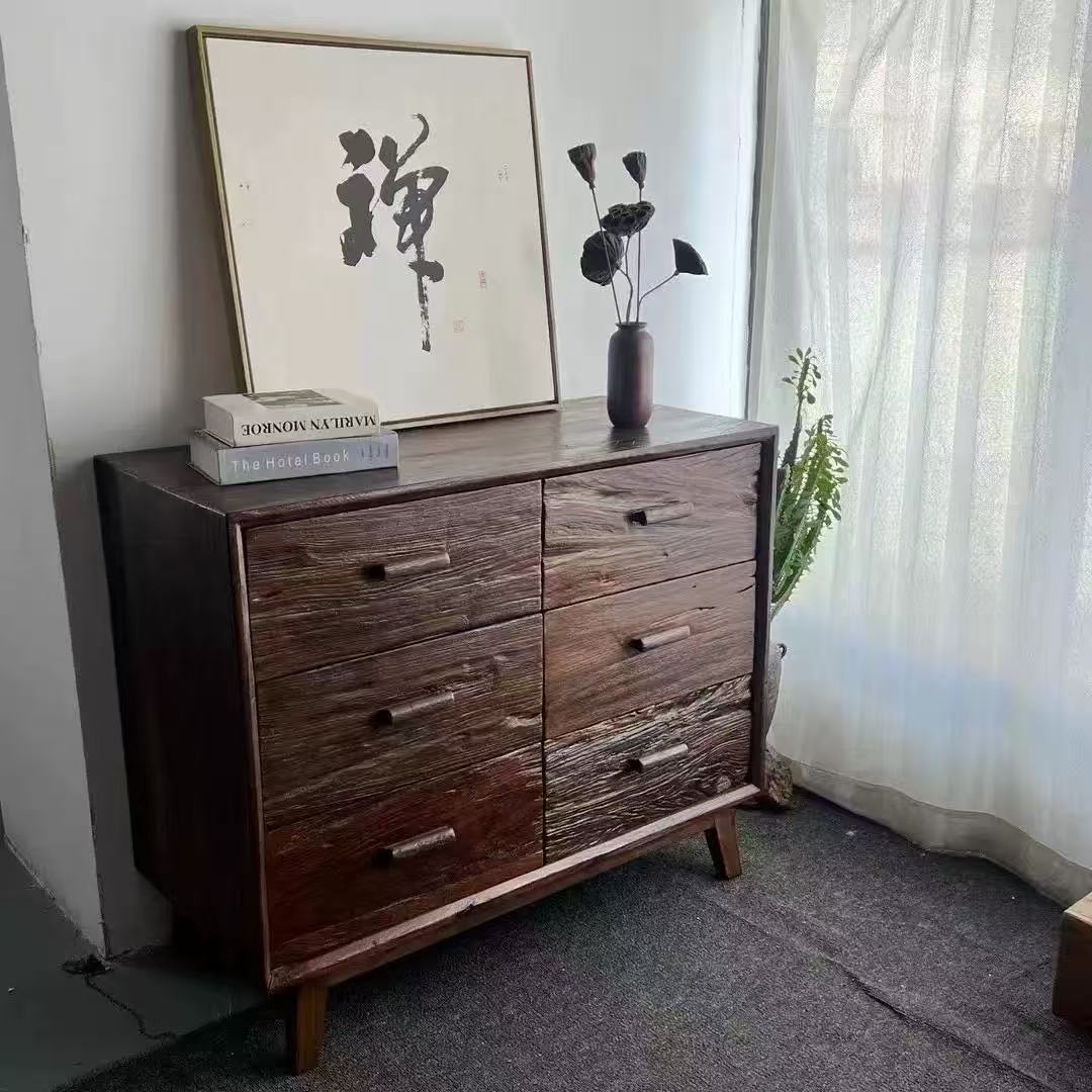 Wabi-Sabi Style Old Elm Wood Sideboard Storage Cabinet for Home Use, Living Room Entryway Drawer Cabinet, Solid Wood Vintage Furniture Chest of Drawers