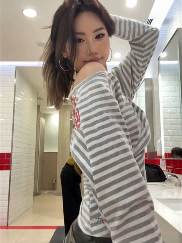 394#【广州色织条纹 原版做法】 宽松长袖t恤女  前后印花 上衣|undefined