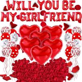 红色WILL YOU  BE MY GIRLFRIEND 爱心铝膜气球花瓣情人节婚庆派