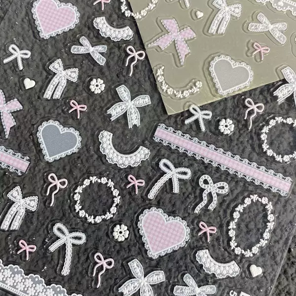 Pink Bow Lace Nail Art Stickers Embossed Shell Light Heart Bow Adhesive Nail Stickers Decoration