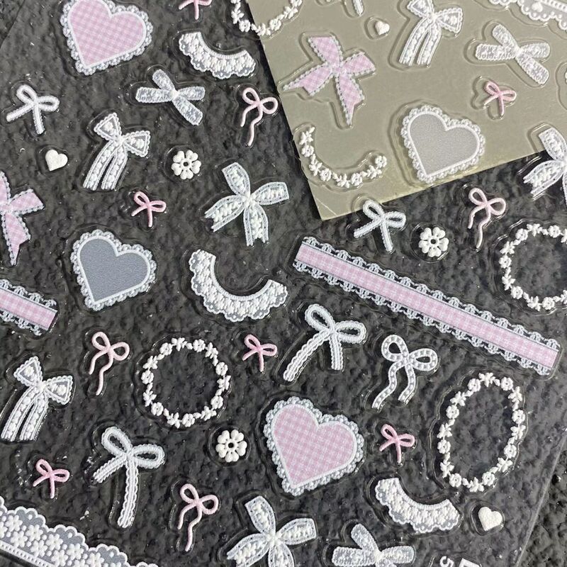 Pink Bow Lace Nail Art Stickers Embossed Shell Light Heart Bow Adhesive Nail Stickers Decoration Pink Bow Lace Nail Art Stickers Embossed Shell Light Heart Bow Adhesive Nail Stickers Decoration