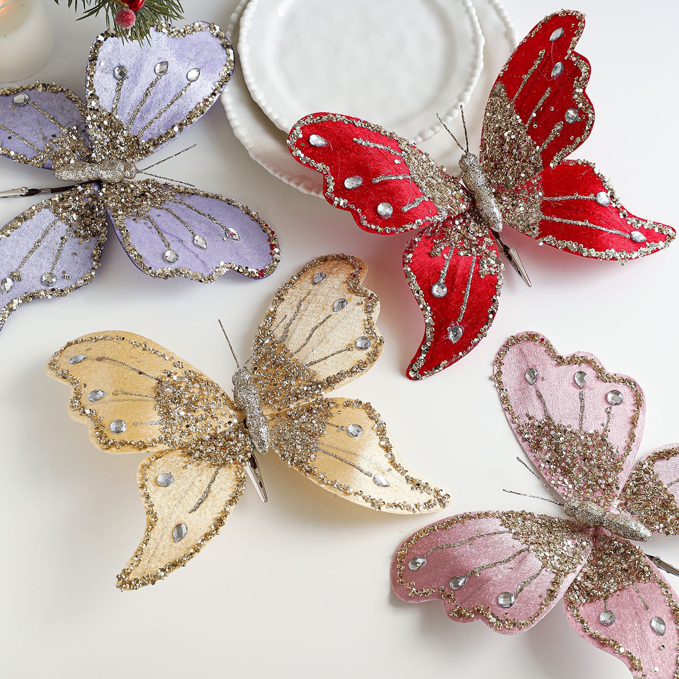Tela transfronteriza de alta calidad simulación abrazadera de arco de mariposa tela de polvo pegajoso flocado árbol de Navidad decoración colgante diseño de escena