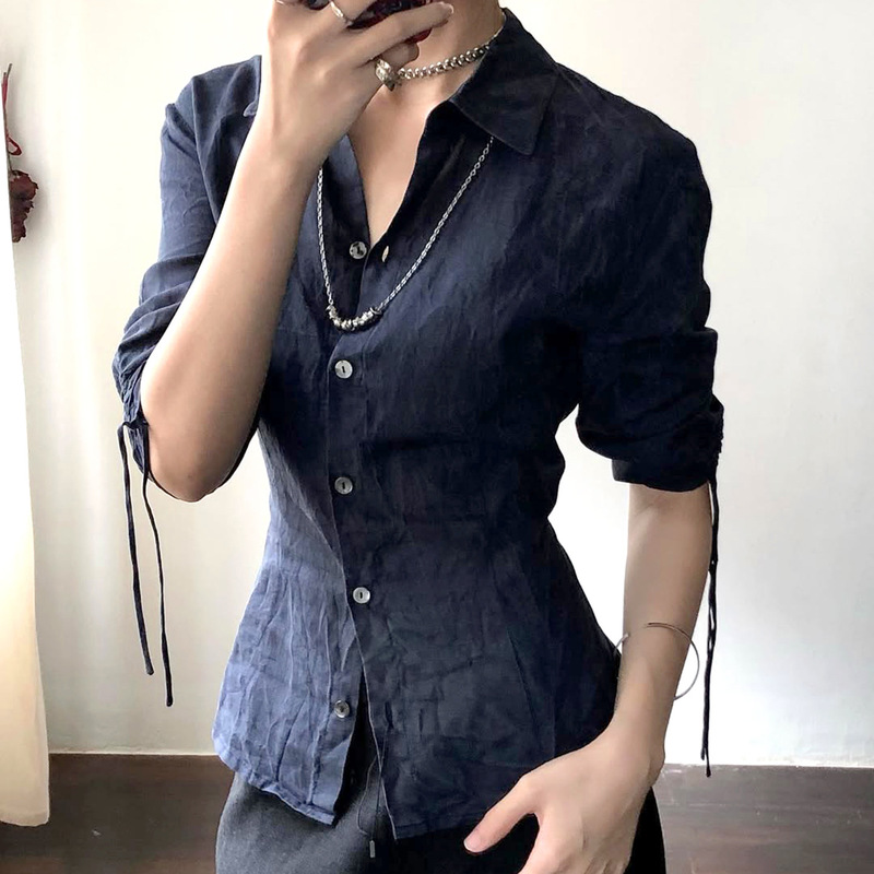 藏青色抽褶中袖收腰版衬衫2025秋季新品气质欧美风开衫单排扣上衣|undefined