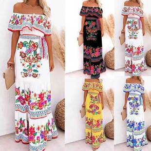 Southeast Asia Bohemia Seaside Resort and Beach Chiffon Print Women's Long Dress One-Linged Large Hem Skirt