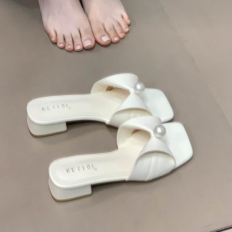 フレンチ太ヒールリボンパールスクエアトゥサンダル女性用夏多用途アウターウェアスカート付き妖精スリッパ|undefined