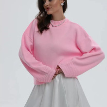 欧美风针织衫冬季新款圆领短款套头宽松纯色长袖百搭针织上衣女