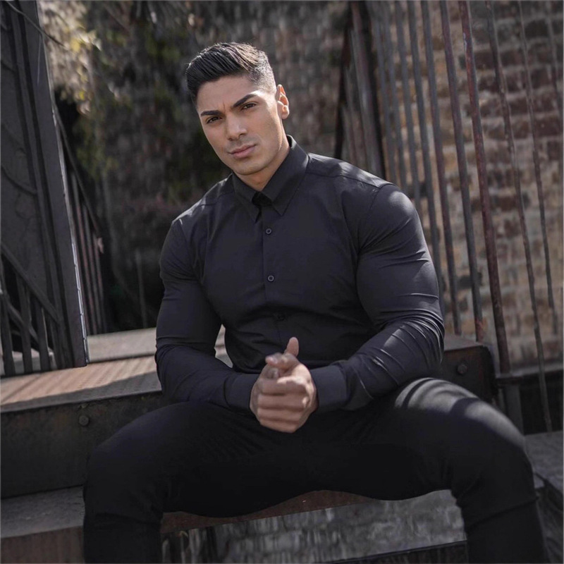 European and American Tough Guy Style Sports Shirt, Muscular Man's Tight-Fitting Long-Sleeved No-Iron Silky Glossy Shirt, Casual Workwear Cardigan