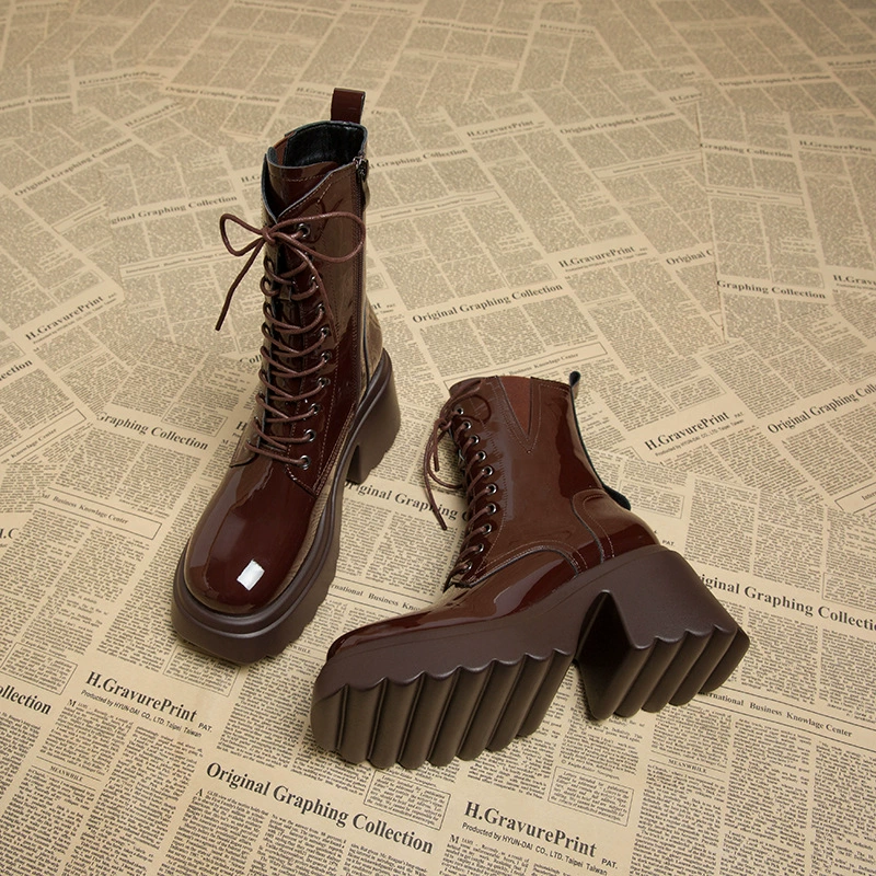 9130-6 женские сапоги 2023 Новые осенне-зимние женские Ботинки Martin на высоком каблуке кексы лакированные ботильоны