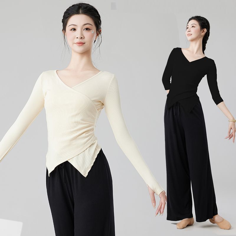 Practice Clothing for Spring and Summer, New Modern Dance Style, Irregular Hem Long-Sleeve Top for Women, Classical Chinese Dance and Body Dance Attire