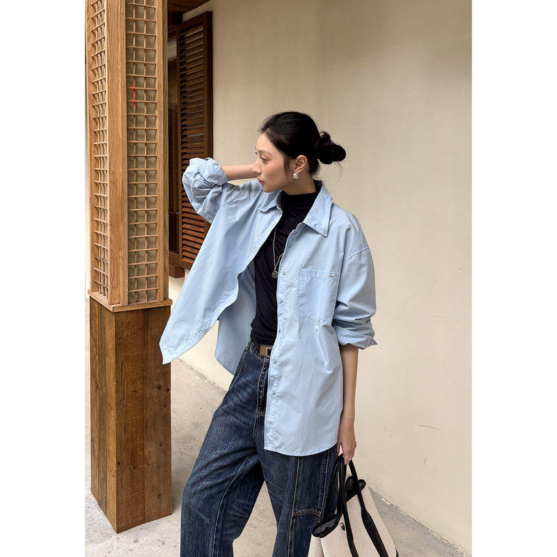 Women's shirt, solid color, simple, Tencel cotton, with pockets, wrinkle-resistant, long-sleeved, elegant, for autumn, suitable for commuting, model YE0215 Women's shirt, solid color, simple, Tencel cotton, with pockets, wrinkle-resistant, long-sleeved, elegant, for autumn, suitable for commuting, model YE0215