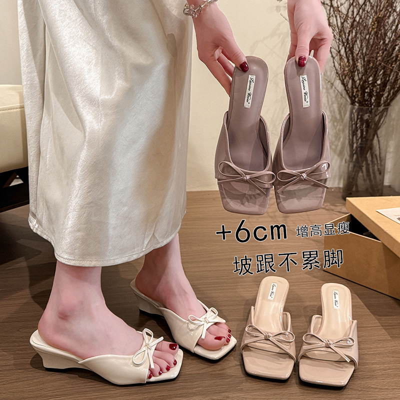 6Cm~French Retro Women's Bow-Knot Polka-Dot Wedge High-Heeled Sandals for Outer Wear, Sweet and Stylish Spring and Summer Sandals