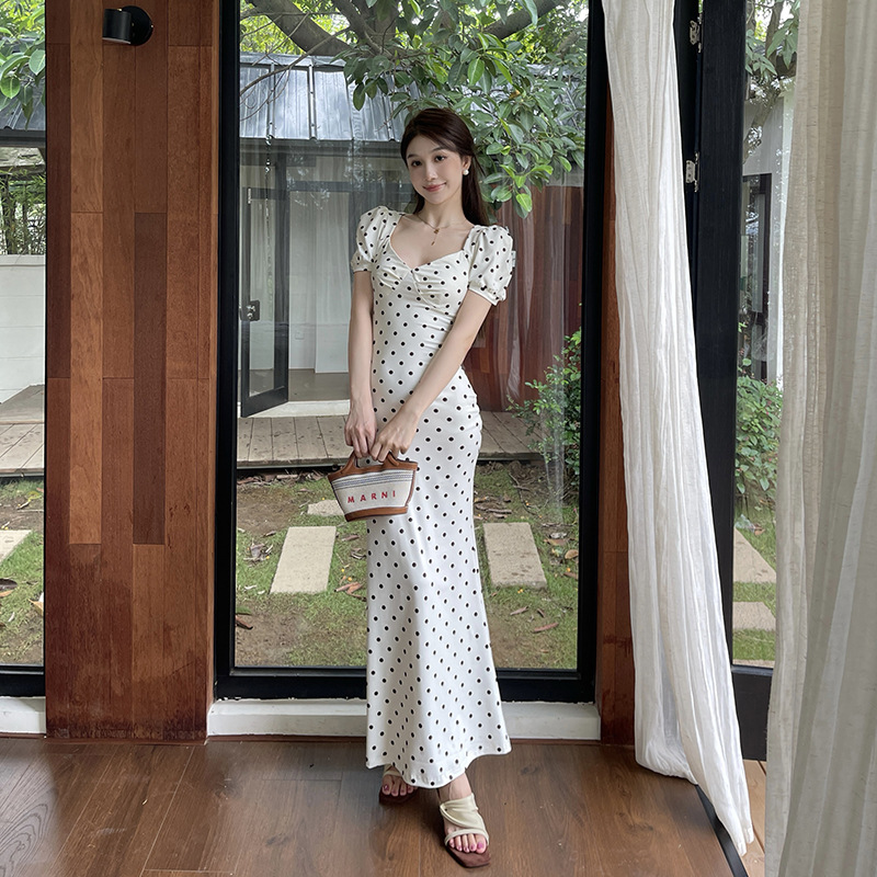 Ilya Summer Puff Sleeve Polka Dot Fishtail Skirt Hepburn Style Retro Elegant Slim Dress for Women Xy25193