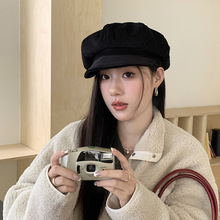 麂皮绒休闲潮百搭八角帽韩版显脸小女素颜复古保暖短檐褶皱贝雷帽