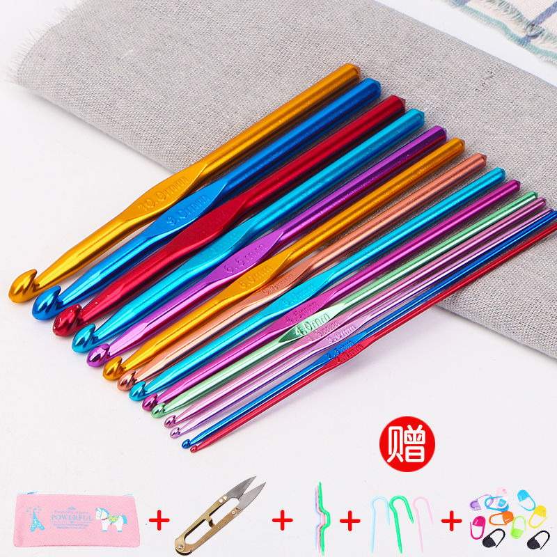 Traje de herramienta de ganchillo tejido a mano aguja de palo de lana marca de aguja hebilla aguja de giro con bolsa de almacenamiento aguja de gancho de aluminio