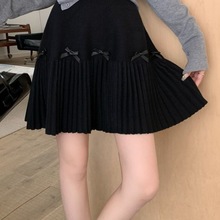 甜美蝴蝶结针织百褶半身裙百褶裙高腰新款秋冬显瘦裙子小个子短裙