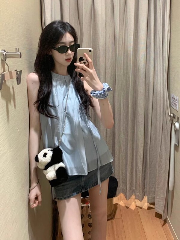 French Sweet High-end Shoulder Neck Shirt Women's Summer Age-reducing Elegant Lace-up Chiffon Doll Shirt Top Thin