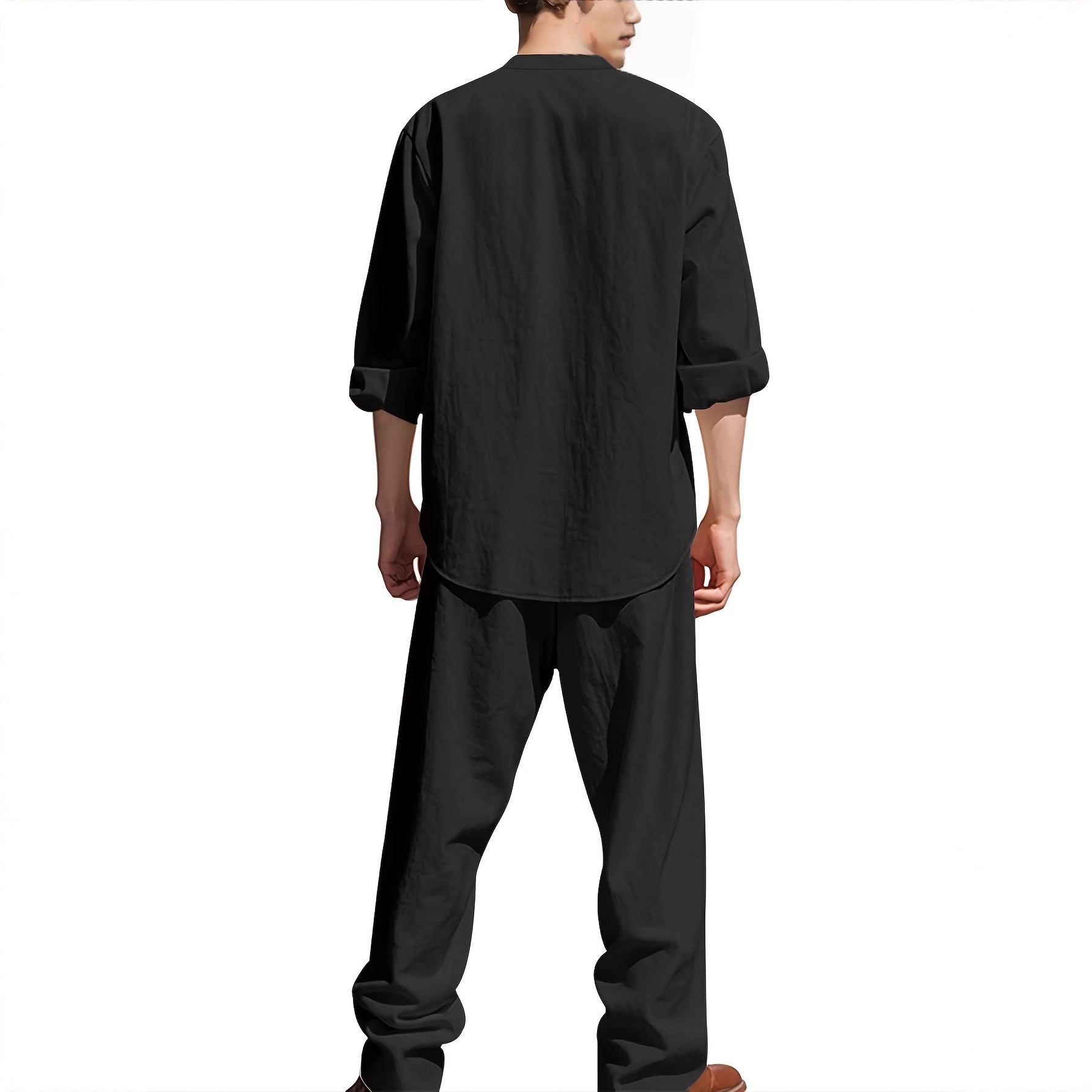 Men's Casual Linen Shirt And Trouser Set All-Season Breathable Loose Fit Long-Sleeved Versatile Cool American Style_viptrois.com