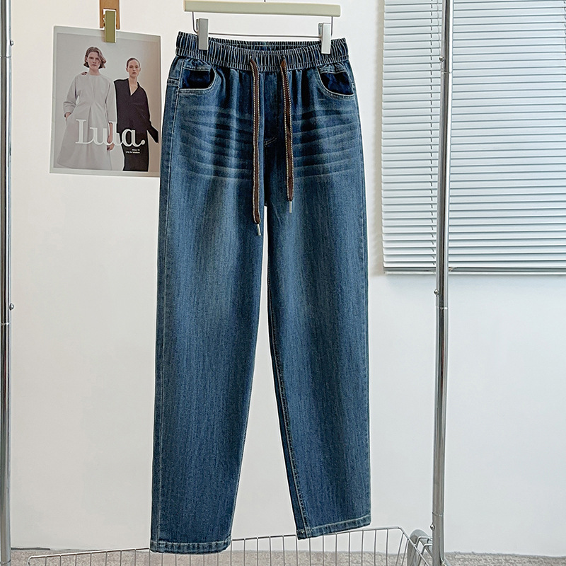 高品质弹力显瘦牛仔老爹裤女胖mm加大码抽绳高腰小直筒九分裤韩版|undefined