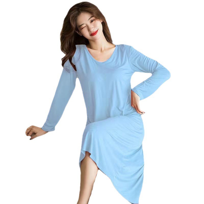 Pijamas de comercio exterior al por mayor con almohadilla en el pecho de las mujeres de manga larga de otoño de media longitud sobre la rodilla camisón se puede usar fuera de casa desgaste primavera y otoño