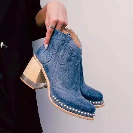 Women's Shoes short tube Martin boots women's medium heel pointed toe embroidered hot diamond boots _voghion.com