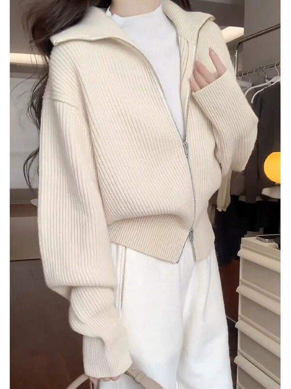 慵懒风双拉链翻领针织开衫女秋冬加厚高级感软糯毛衣外套短款上衣|undefined