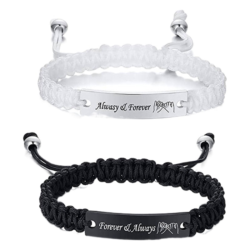 Valentine's Day Steel Plate Engraved with the Word "Always Rocket Planet Couple Hand Rope Fashion Niche Black and White Rope Braided Bracelet