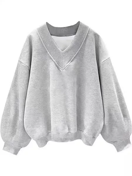 Amazon Cross-Border 2025 Autumn and Winter New European and American Casual Large V Neck Loose Pure Color Velvet Long-Sleeved Sweatshirt