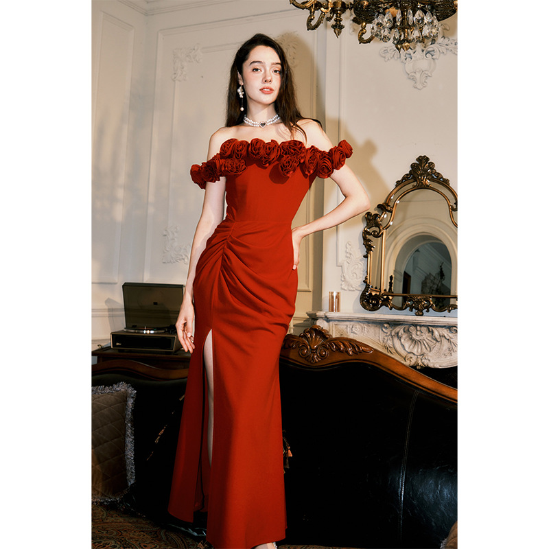 Vintage Heavy-Duty Three-Dimensional Rose Dress 2026 Spring New Red Mermaid Sexy Elegant Gown