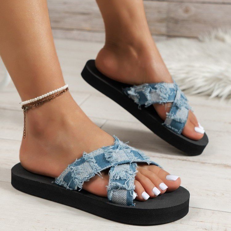 Tante Denim Plaid Hausschuhe für Damen 2024 Sommer neuer Außenhandel grenzüberschreitender bequemer atmungsaktiver Sandalen mit dicker Sohle 42_voghion.com