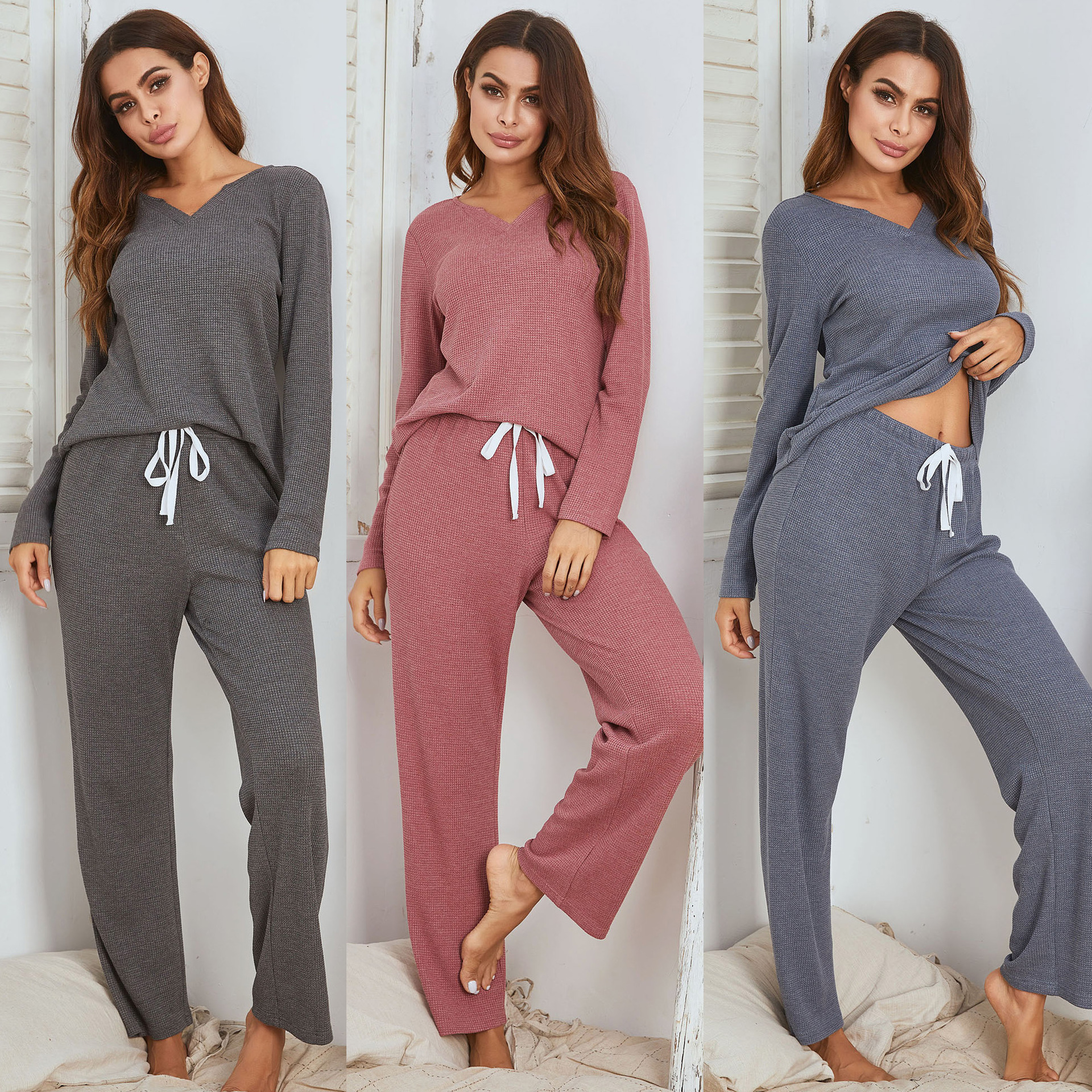 Autumn and Winter Women's Fury Waffle Long sleeved Pants Home Pajama Set for Women_voghion.com